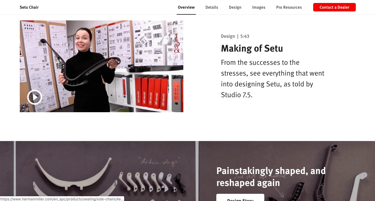 Person presenting Setu chair design process with diagrams in background.