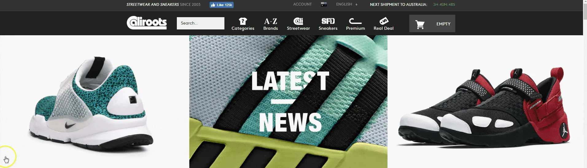 Sneaker collection at Caliroots store with latest news banner.