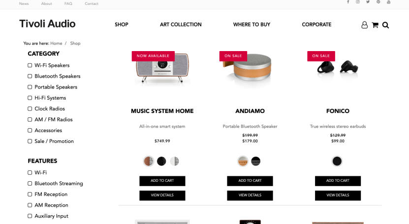 Best ecommere site example: Tivoli Audio