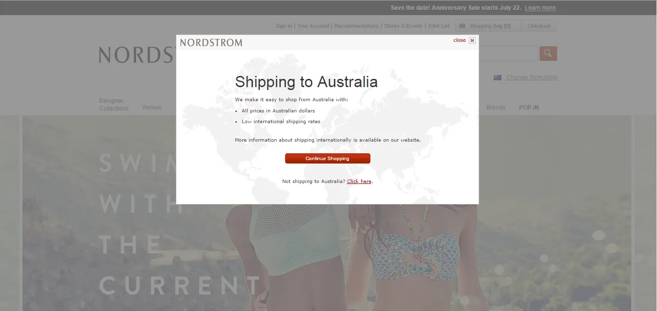 Nordstrom shipping to Australia popup with continue shopping button.