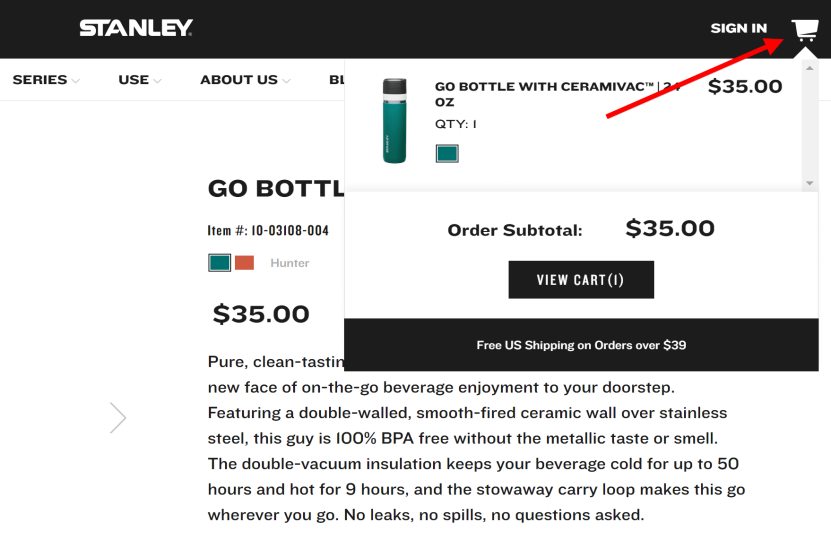 Best eCommerce website design checklist: Stanley cart icon