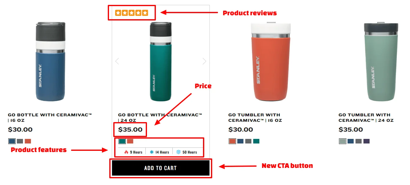 Stanley Go Bottle and Tumbler product display with prices and features.
