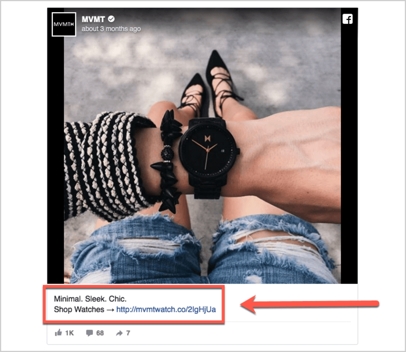 Facebook ads for eCommerce: MVMT's Facebook ad copy