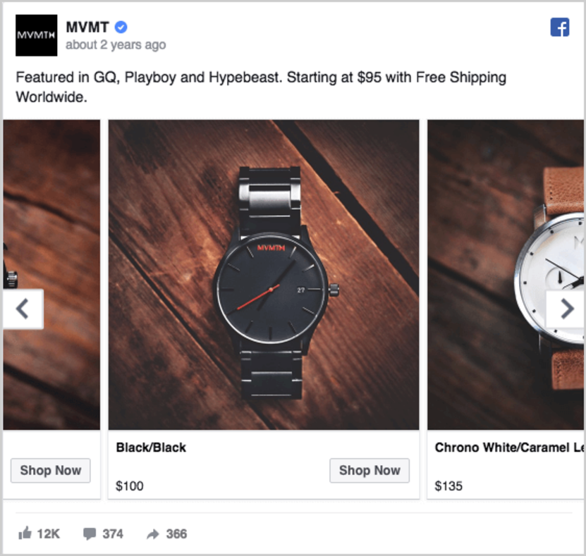 Facebook ads for eCommerce: Product carousel ad