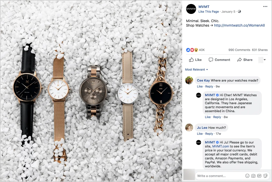 Five MVMT watches displayed on white gravel background.