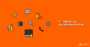 Conceptual illustration depicting IT as obstacles or differentiator with icons on orange background.