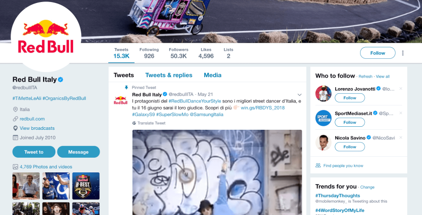 Red Bull international ecommerce strategy - Italian twitter page