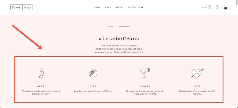 eCommerce content marketing case study: Frank Body parent topics