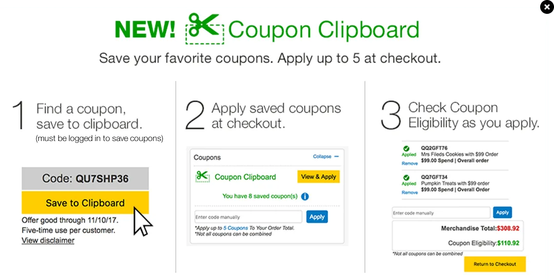Guide showing how to use Coupon Clipboard to save and apply coupons at checkout.