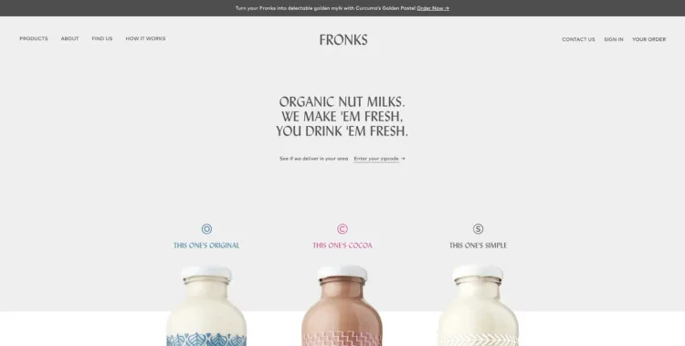 Fronks organic nut milks variety promotion with three bottles displayed.