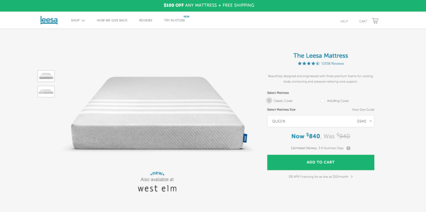 eCommerce product page mistake: Leesa product page as a good example