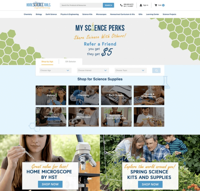eCommerce homepage mistake: Home Science Tools homepage as a good example