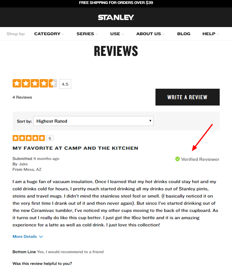 eCommerce product page mistake: Stanley PMI customer reviews