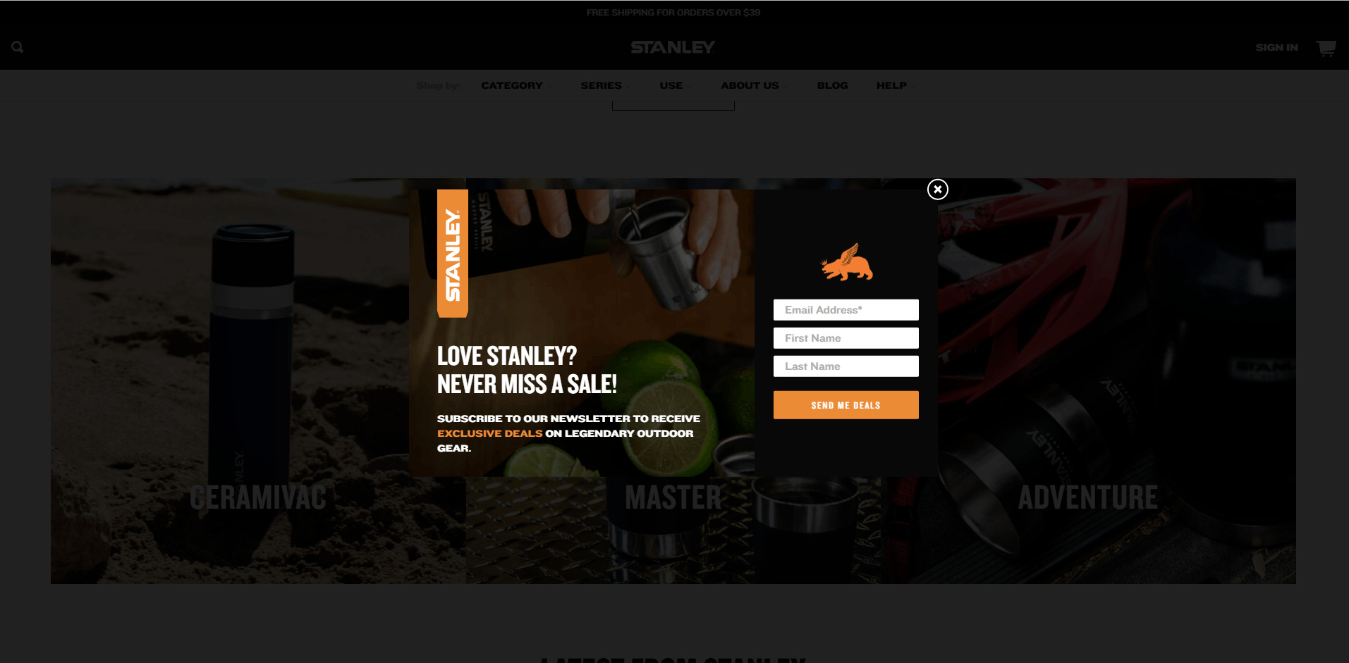 eCommerce homepage mistake: Stanley homepage popup as a good example