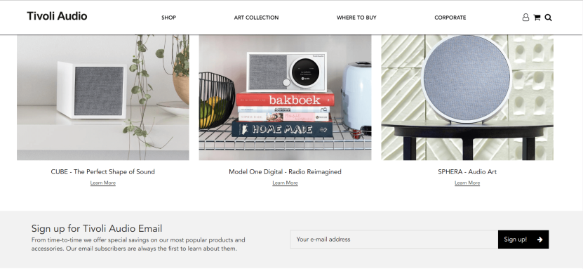 eCommerce homepage mistake: Tivoli Audio footer form as a good lead capture example