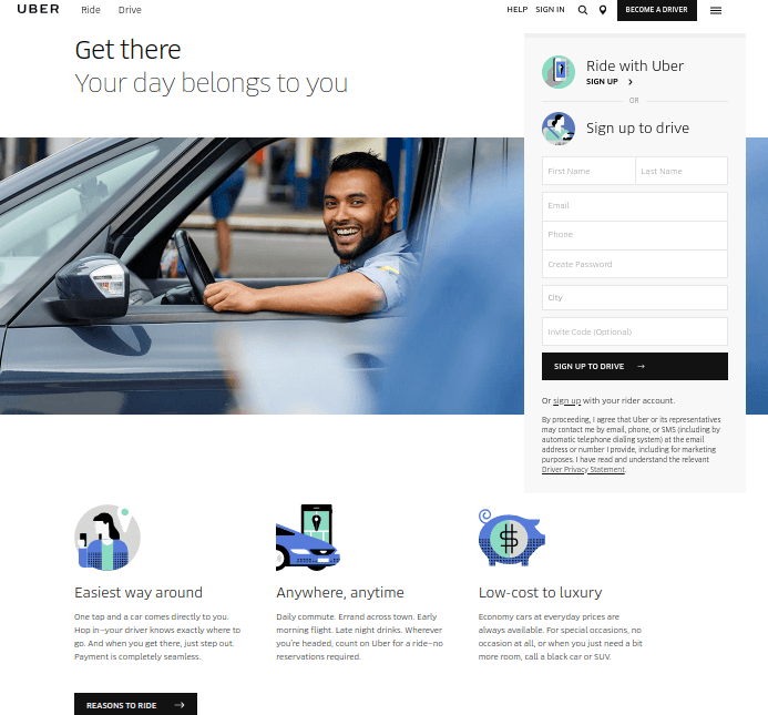 eCommerce homepage mistake 1: Uber homepage as a good example