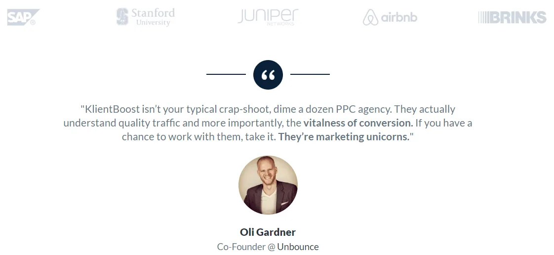 Testimonial about KlientBoost marketing expertise by Oli Gardner.