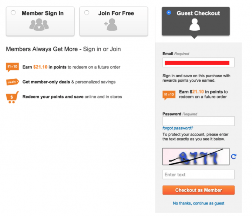 Increasing ecommerce conversion rate tip: Sears guest checkout