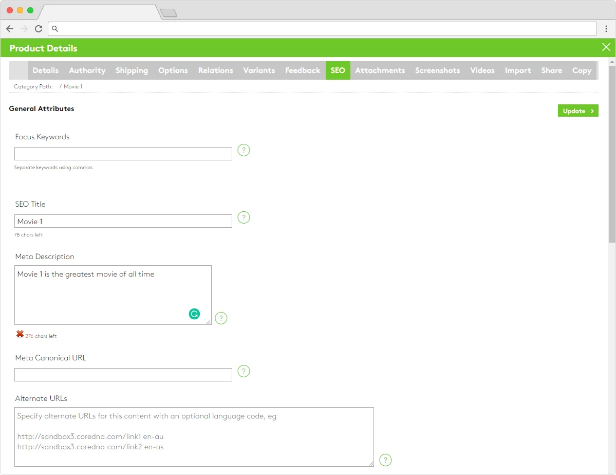 SEO product details page showing settings for movie SEO optimization