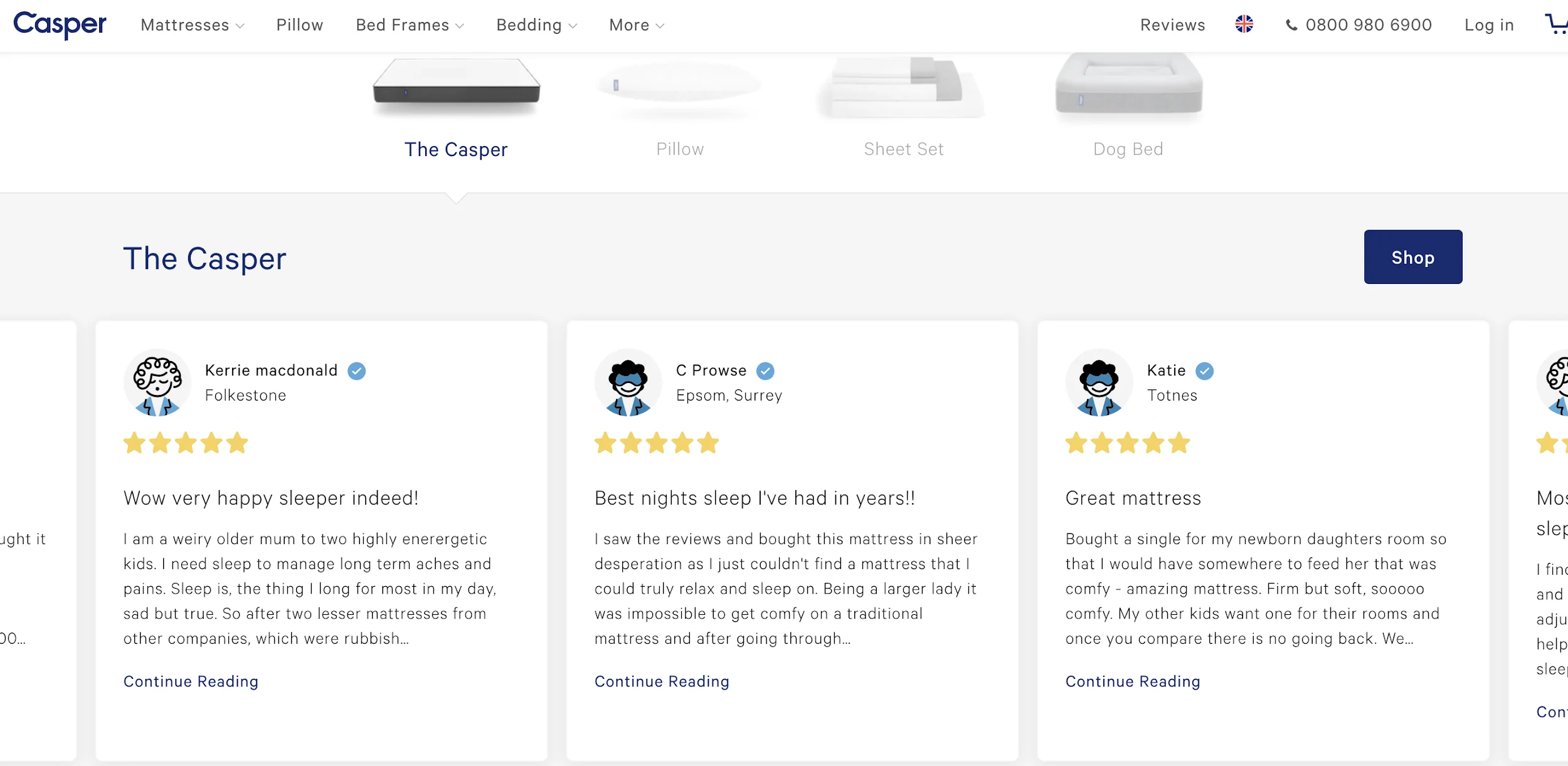 Customer reviews for Casper mattress with five-star ratings displayed on website.