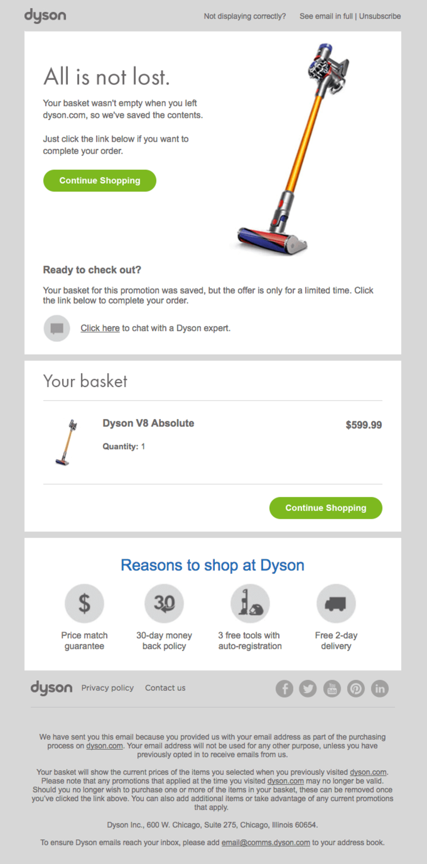 Dyson's cart abandonment email