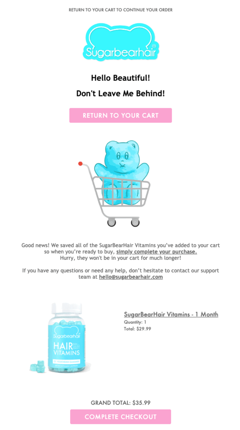 Sugar Bear Hair reengagement email to combat abandoned cart