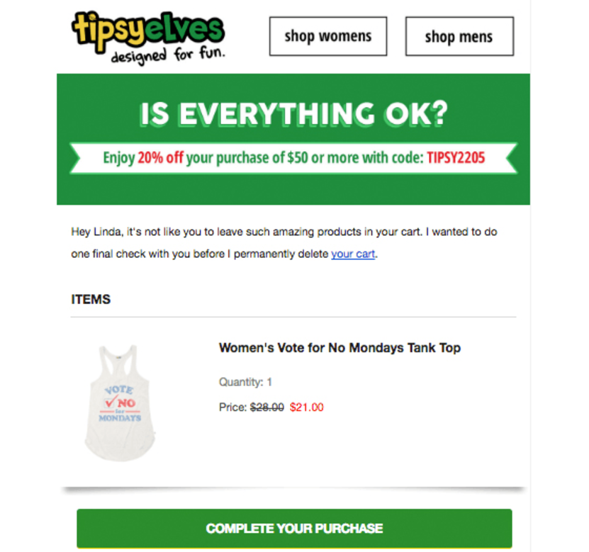 TipsyElves's cart abandonment email