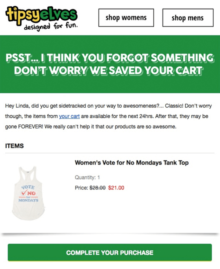 TipsyElves's cart abandonment email