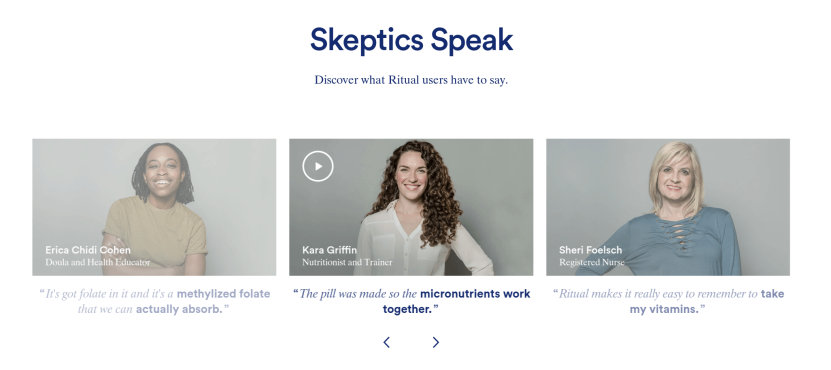 WOM strategy: Ritual dedicates a section of their main page to customer testimonials 