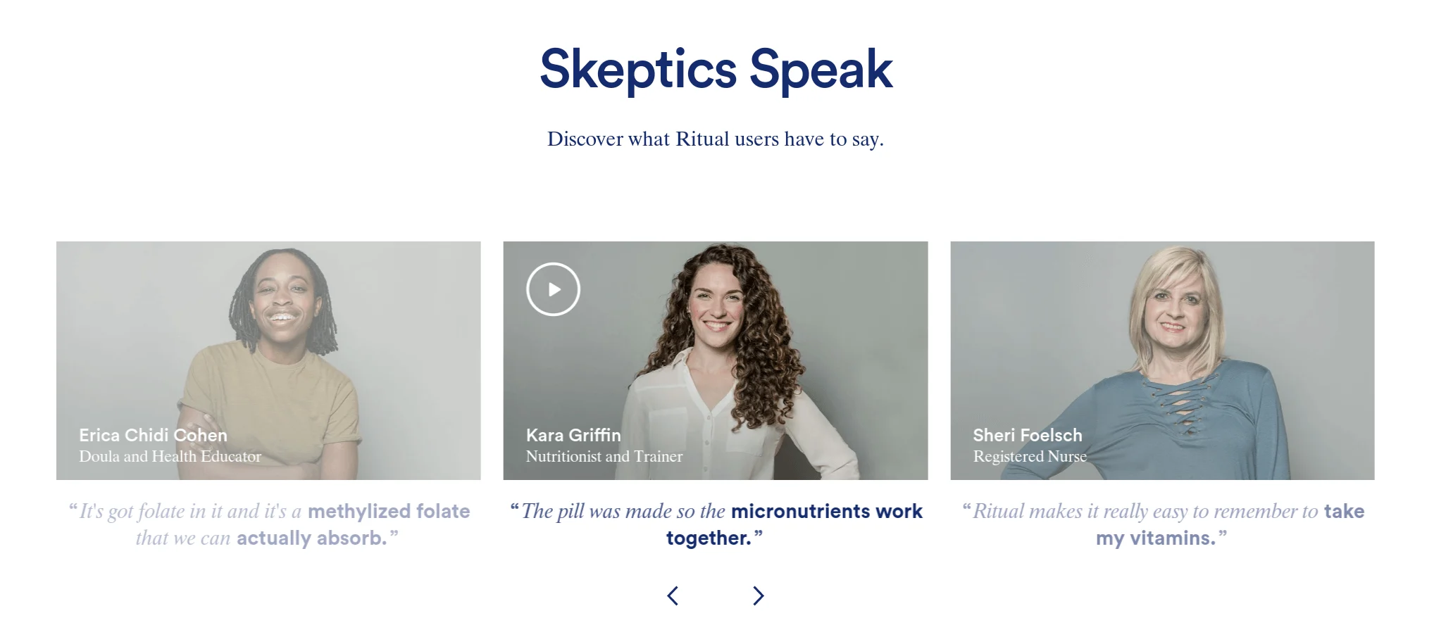 Three people sharing testimonials about Ritual products.