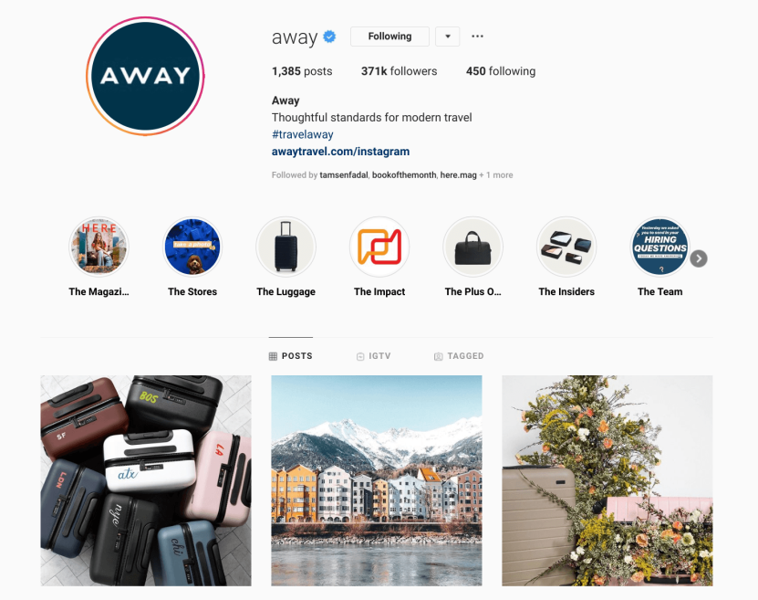 Direct to consumer brands: Away Lugage Instagram is a community platform