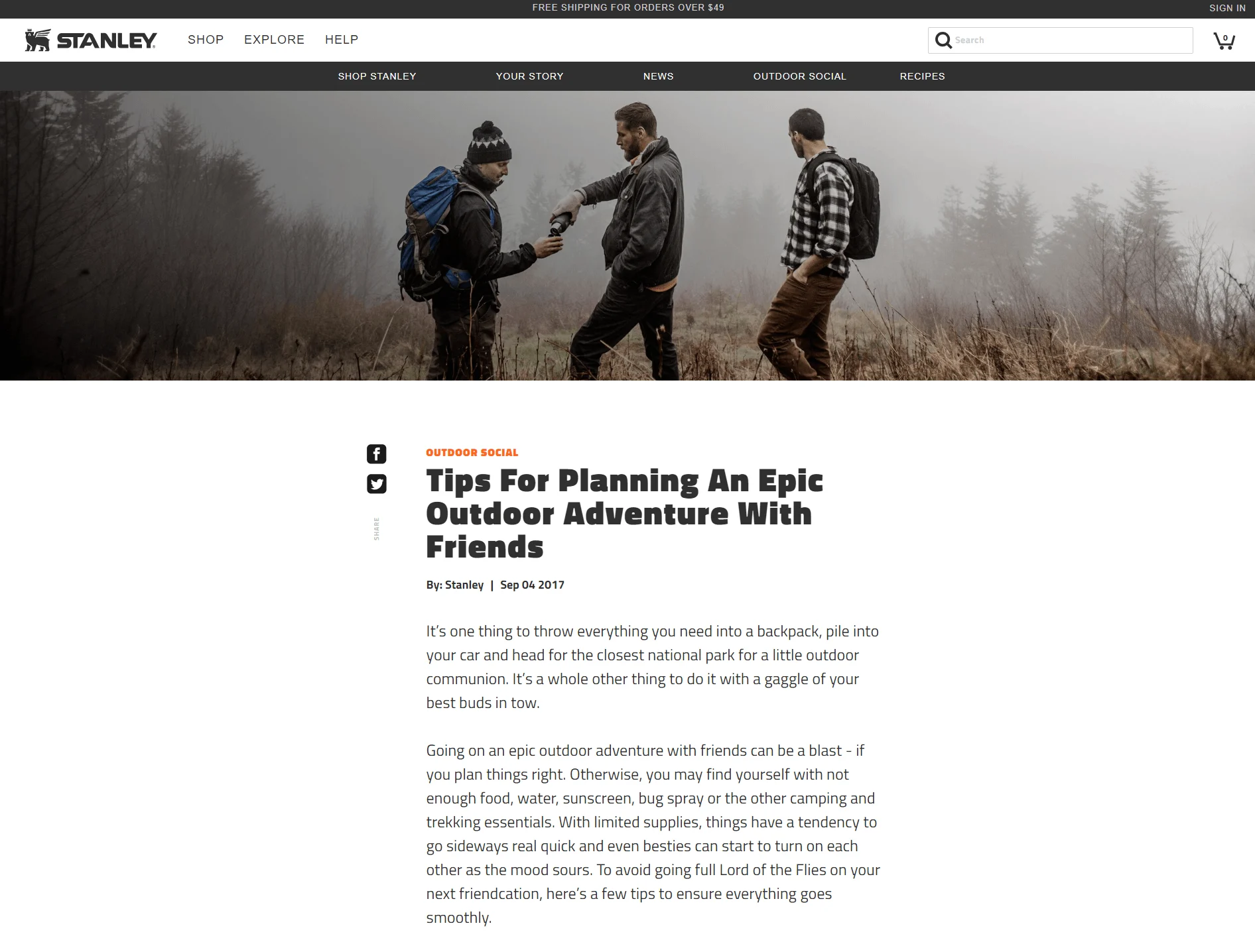 Three friends hiking with backpacks in a foggy forest.