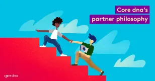 Illustration of two people helping each other with Core dna partner philosophy text.