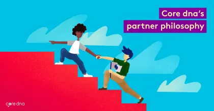 Illustration of two people helping each other with Core dna partner philosophy text.