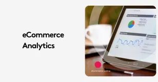 Tablet showing eCommerce analytics dashboard in a cafe setting.