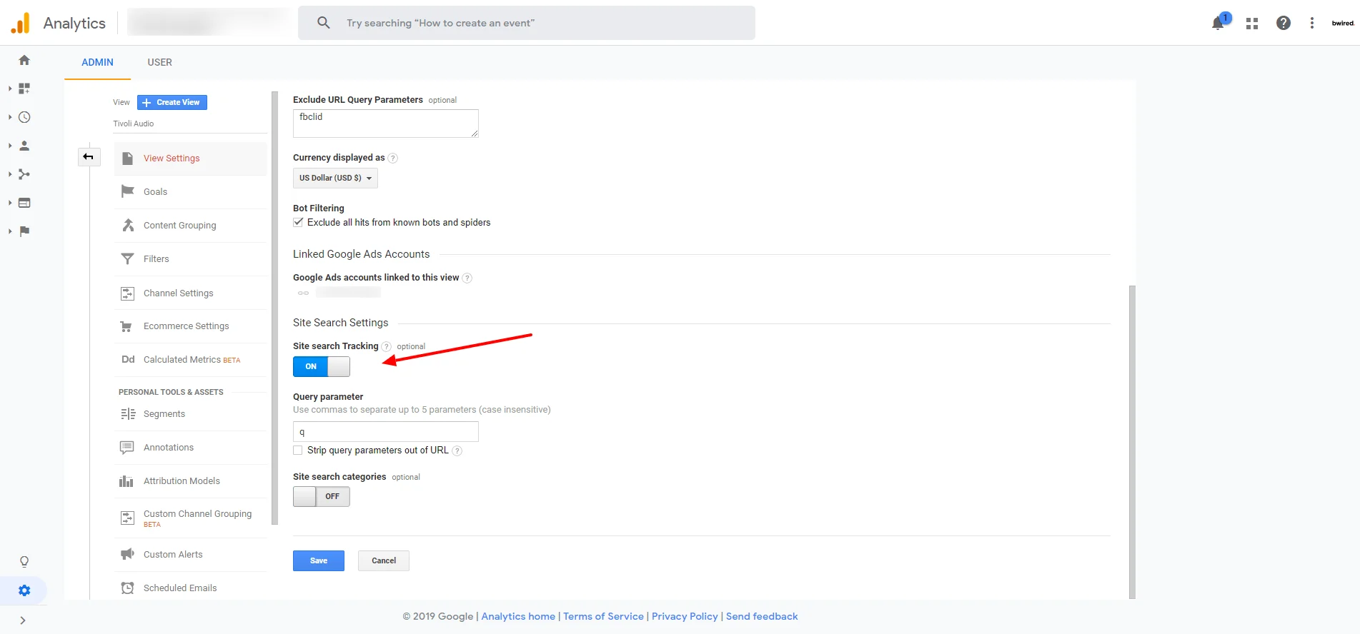 Google Analytics site search tracking settings with options for URL parameters and search categories.