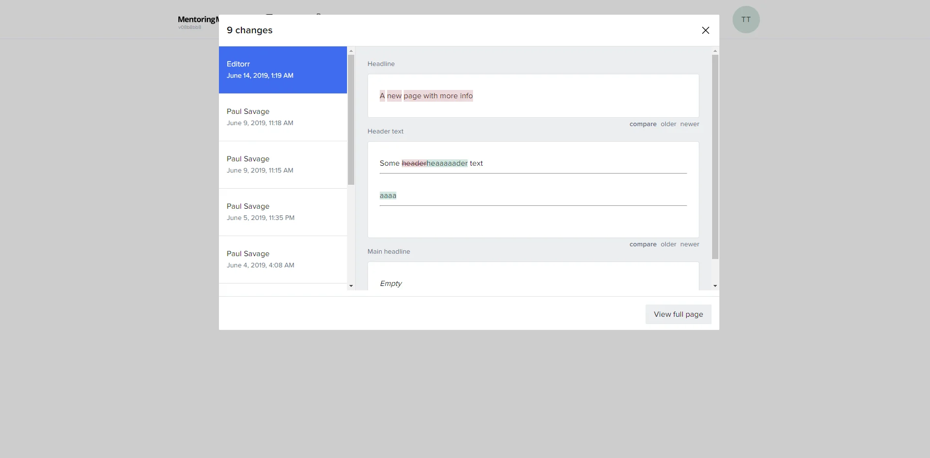 Document editing interface showing change log and text revisions.