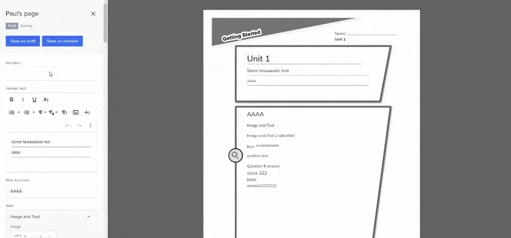Document editing interface showing draft saving options and a worksheet with text fields.