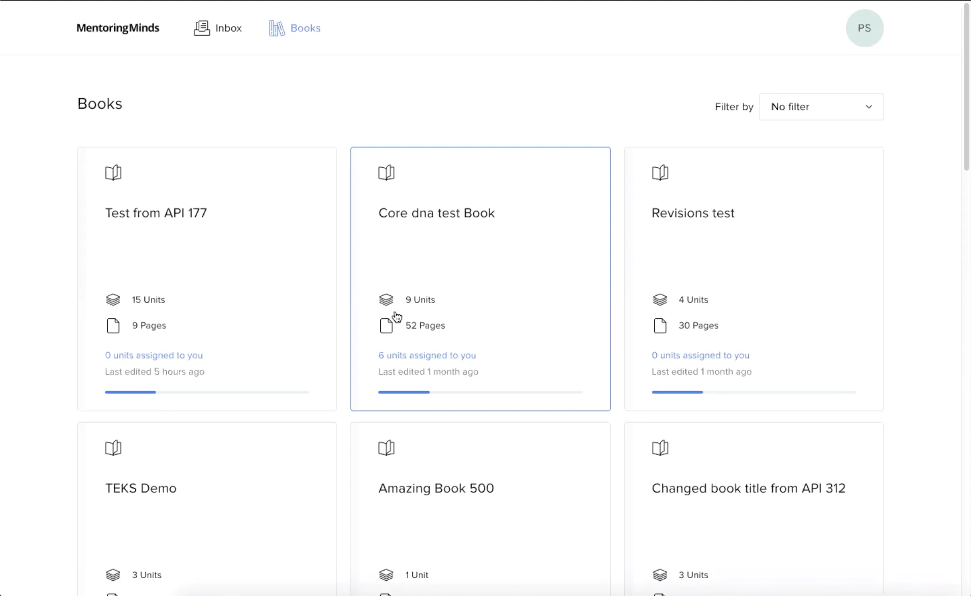 MentoringMinds books dashboard with various book entries and details.