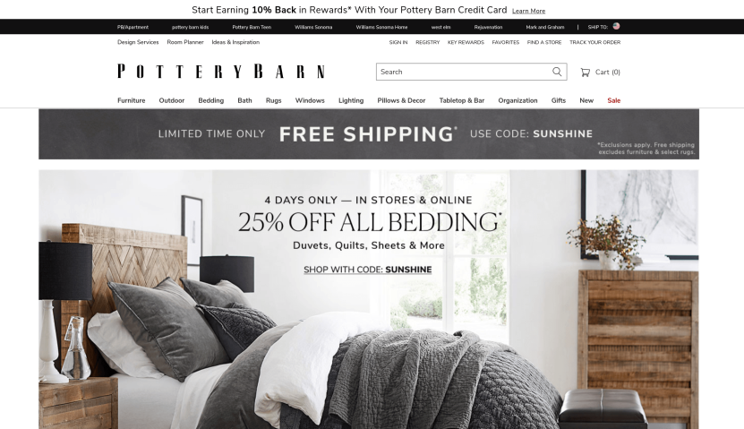 eCommerce coupons and discounts best practices: Pottery Barn promote various discounts on their homepage