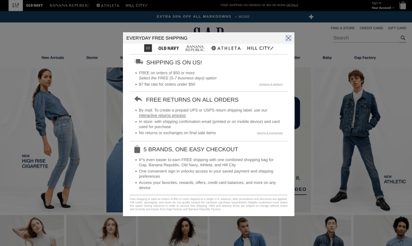 eCommerce coupons and discounts best practices: Threshold-based offers by Gap