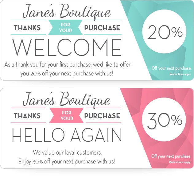 Jane's Boutique discount coupons offering 20% and 30% off purchases.