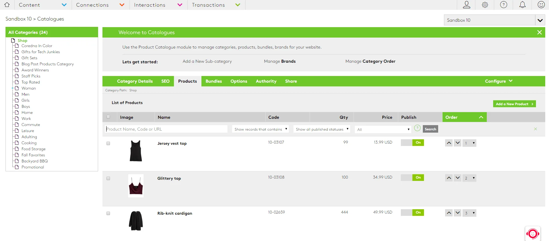 Product catalogue management interface showing clothing items and details.