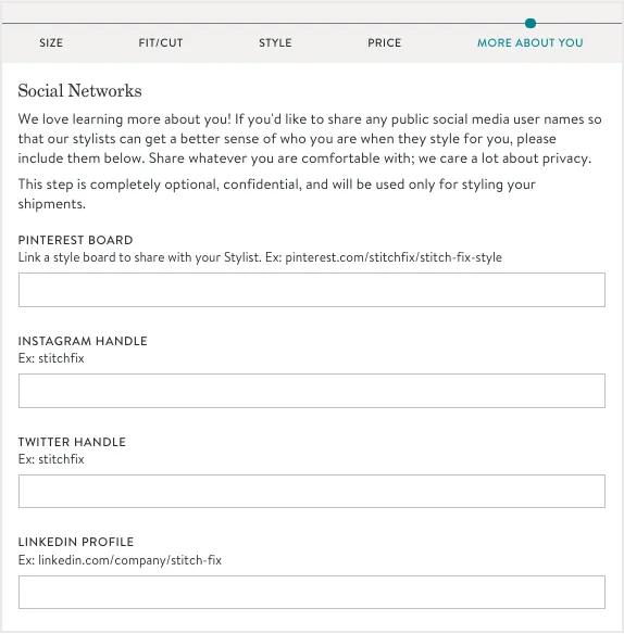 Form for sharing social network profiles with stylist, including Pinterest, Instagram, Twitter, LinkedIn.