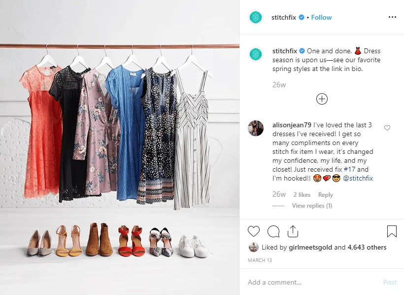 Seven spring dresses and matching shoes displayed on hangers and floor.