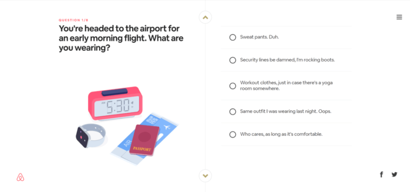 How to use quiz in eCommerce: Airbnb Trip Matcher Question