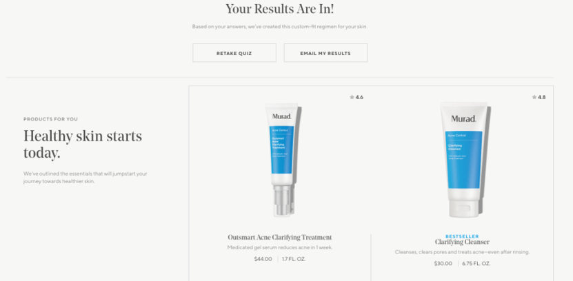 How to use quiz in eCommerce: Murad skin care quiz results