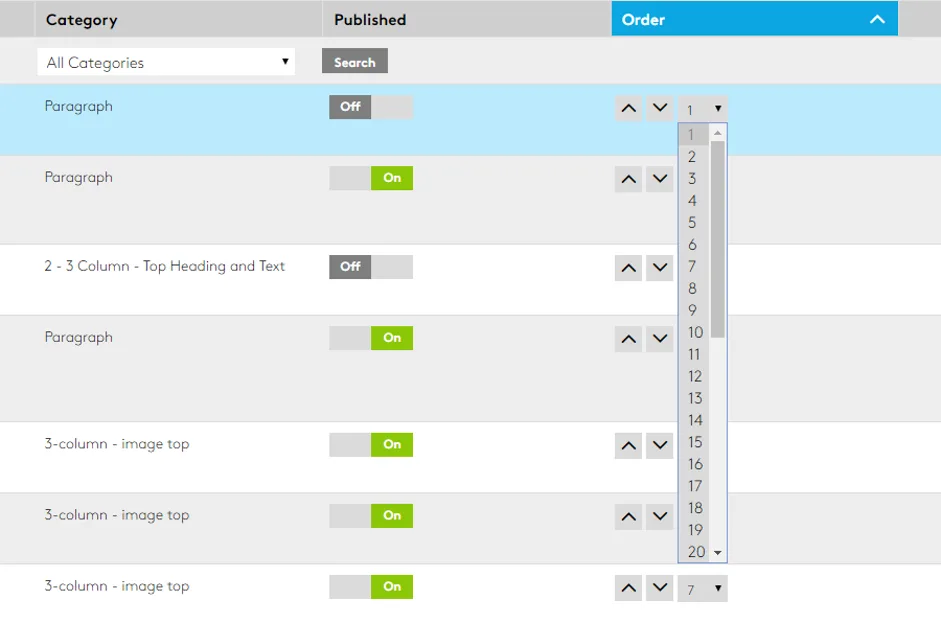 Content management dashboard with category and order settings displayed.
