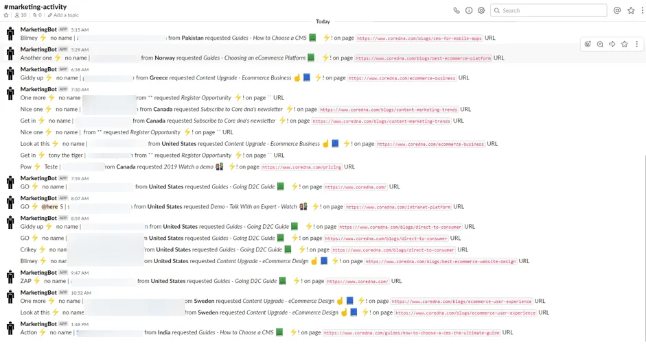 Slack channel showing marketing activity log with various user requests and URLs.