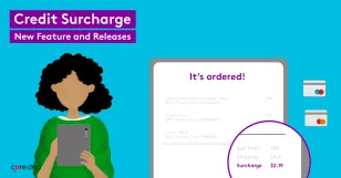 Illustration of a person holding a tablet with credit surcharge announcement.